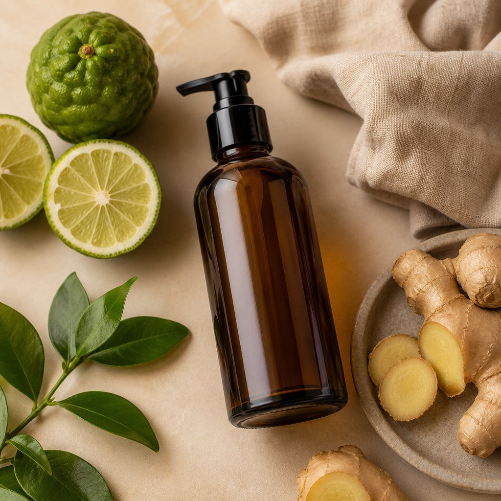 Massageolie bergamot & gember – flatlay